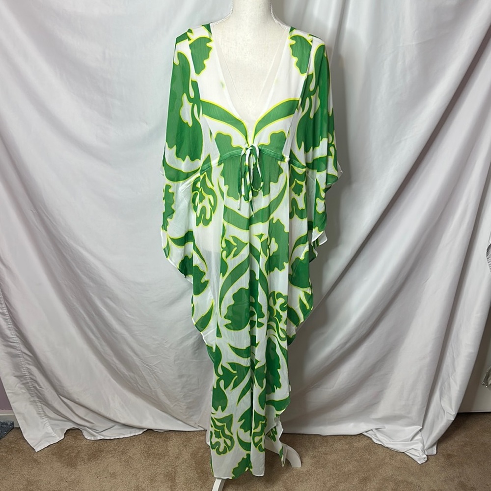 White House Black Market Green and White Swim Coverup Maxi Caftan Tropical Print